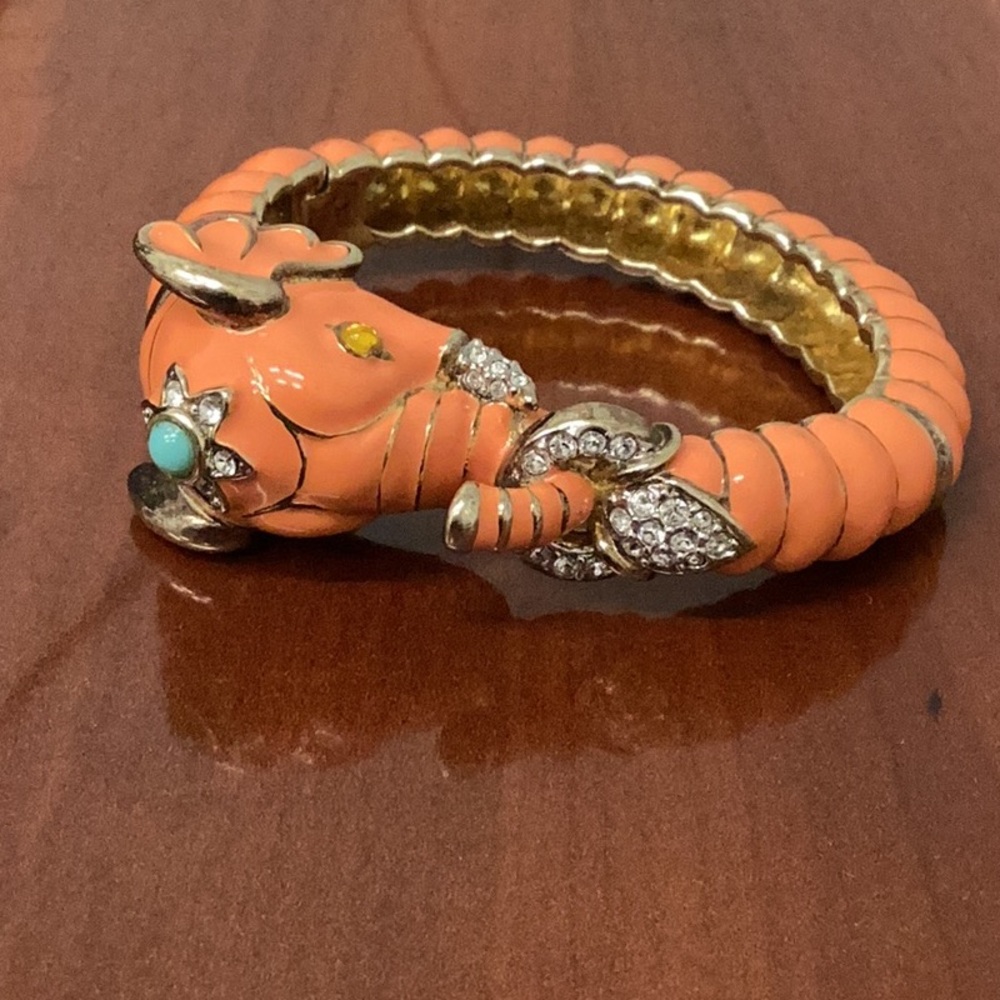 Kenneth Jay Lane Orange Enamel Swarovski Crystal Elephant Clamper Bangle